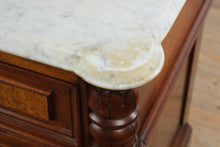 Load image into Gallery viewer, Late 19th Century Victorian Marble Top Dresser with Burl Wood Drawer Fronts and Carved Columns
