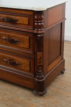 Load image into Gallery viewer, Late 19th Century Victorian Marble Top Dresser with Burl Wood Drawer Fronts and Carved Columns
