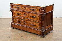 Load image into Gallery viewer, Late 19th Century Victorian Marble Top Dresser with Burl Wood Drawer Fronts and Carved Columns
