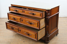 Load image into Gallery viewer, Late 19th Century Victorian Marble Top Dresser with Burl Wood Drawer Fronts and Carved Columns
