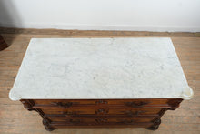 Load image into Gallery viewer, Late 19th Century Victorian Marble Top Dresser with Burl Wood Drawer Fronts and Carved Columns
