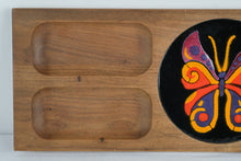 Load image into Gallery viewer, Mid Century Wood Snack Tray with Hand Painted Butterfly Inset Serving Board

