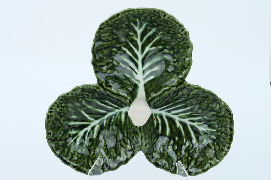 Vintage Portuguese Cabbage Leaf Ceramic Divided Dish – 12” Wide
