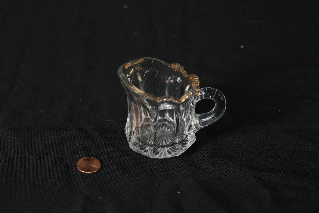 Vintage Pressed Glass Mini Creamer with Gold Rim – Starburst Base, 2.75