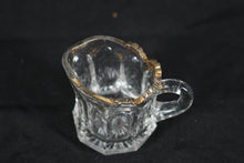 Load image into Gallery viewer, Vintage Pressed Glass Mini Creamer with Gold Rim – Starburst Base, 2.75&quot;

