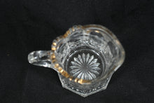 Load image into Gallery viewer, Vintage Pressed Glass Mini Creamer with Gold Rim – Starburst Base, 2.75&quot;
