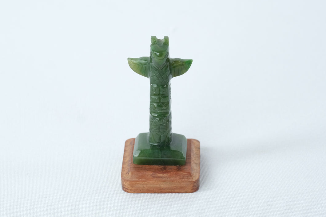 Miniature Hand-Carved Jade Totem Pole on Wooden Base – 2.75