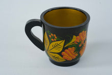 Load image into Gallery viewer, Vintage Khokhloma Style Wooden Cup – Black with Floral Design – Handcrafted
