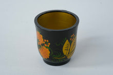 Load image into Gallery viewer, Vintage Khokhloma Style Wooden Cup – Black with Floral Design – Handcrafted
