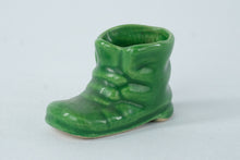 Load image into Gallery viewer, Vintage Green Glazed Ceramic Boot Figurine – Miniature Pottery Shoe Planter – 1.5&quot; Tall
