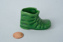 Load image into Gallery viewer, Vintage Green Glazed Ceramic Boot Figurine – Miniature Pottery Shoe Planter – 1.5&quot; Tall
