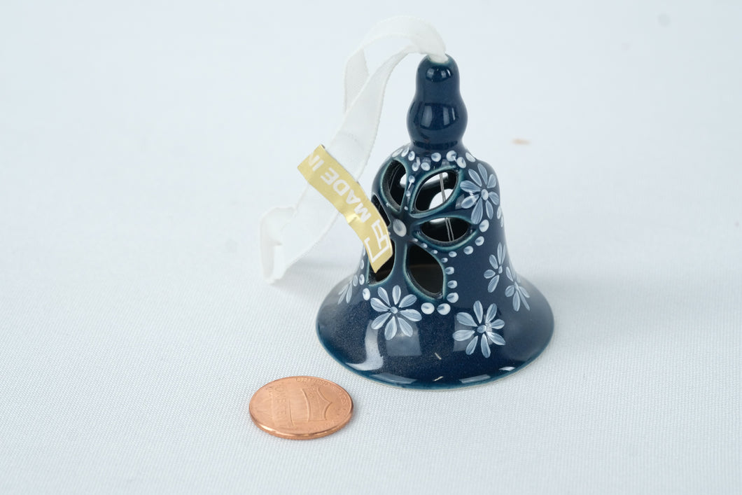 Hand-Painted Hungarian Porcelain Bell Ornament – Blue & White Floral Cutout Design, 2.5