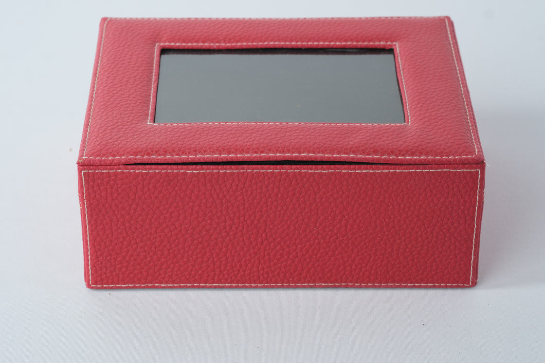 Red Faux Leather Photo Storage Box with Window & “P” Monogram – 8.5