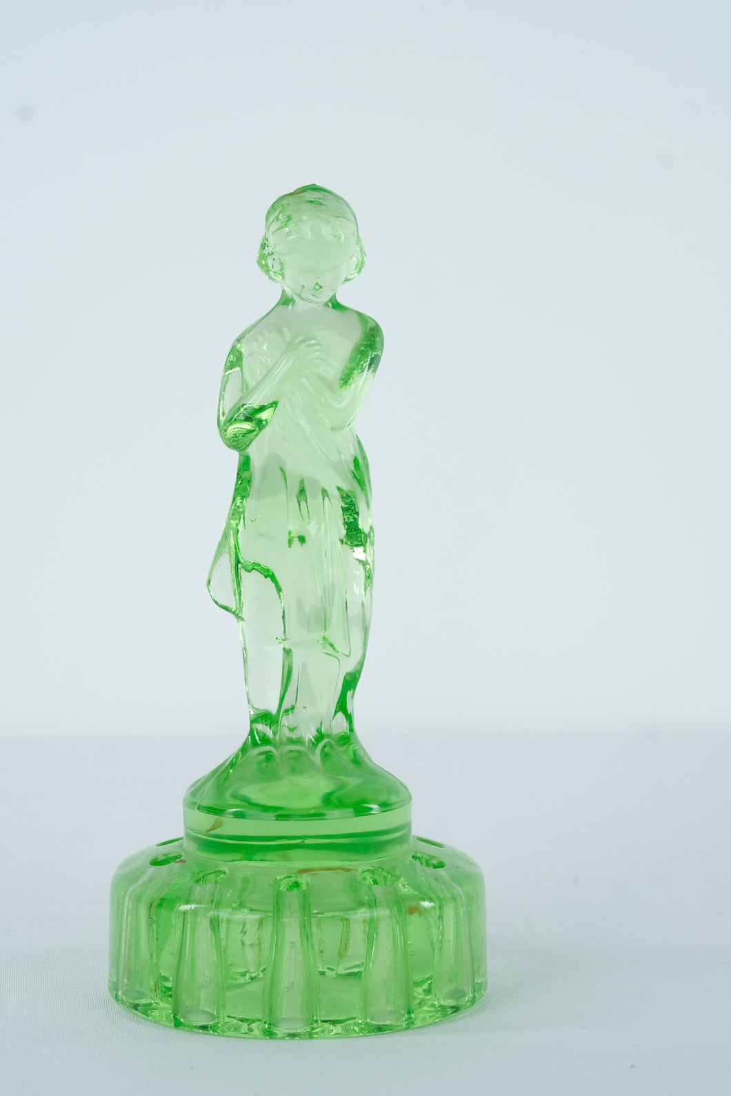 Vintage Uranium Glass Lady Flower Frog – Depression Glass Green Figurine, 8.5