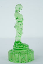Load image into Gallery viewer, Vintage Uranium Glass Lady Flower Frog – Depression Glass Green Figurine, 8.5&quot; Tall
