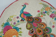 Load image into Gallery viewer, Boho Embroidered Peacock Pillow with Jeweled Accents – Round 18&quot; Cushion
