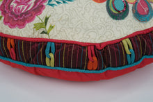 Load image into Gallery viewer, Boho Embroidered Peacock Pillow with Jeweled Accents – Round 18&quot; Cushion
