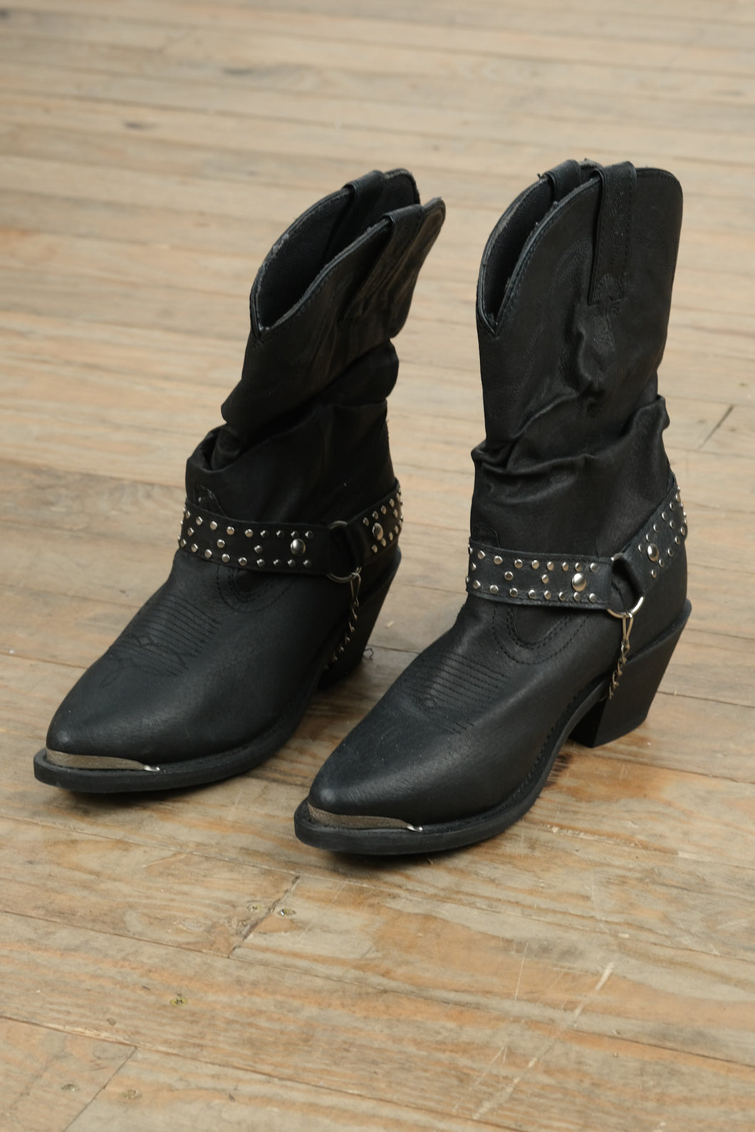 Shyanne Black Studded Slouchy Leather Boots – Women’s Size 8