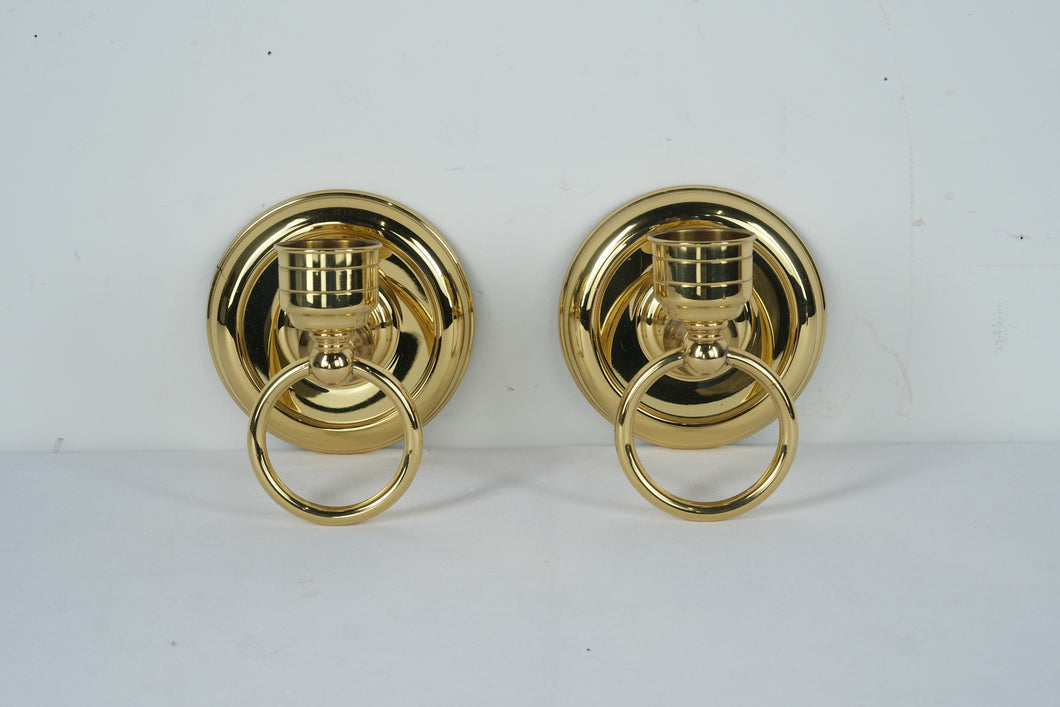 Pair of Polished Brass Wall Sconce Candle Holders with Ring Accents