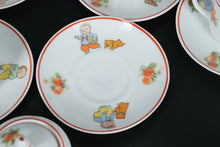 Load image into Gallery viewer, Vintage Rudolstadt Germany Child’s Porcelain Tea Set – 13 Pieces – Strawberry Border with Playful Children

