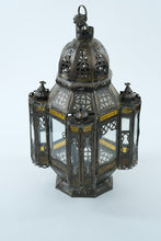 Load image into Gallery viewer, Vintage Moorish Hexagonal Hanging Lantern – Pierced Metal &amp; Glass – 15” Tall
