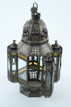 Load image into Gallery viewer, Vintage Moorish Hexagonal Hanging Lantern – Pierced Metal &amp; Glass – 15” Tall
