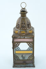 Load image into Gallery viewer, Boho Bazaar Multicolor Glass Lantern – 16” Tall Moroccan-Inspired Metal Candle Holder
