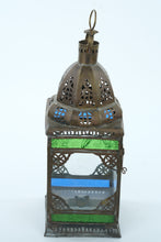 Load image into Gallery viewer, Boho Bazaar Multicolor Glass Lantern – 16” Tall Moroccan-Inspired Metal Candle Holder
