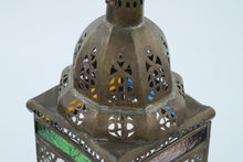 Load image into Gallery viewer, Boho Bazaar Multicolor Glass Lantern – 16” Tall Moroccan-Inspired Metal Candle Holder
