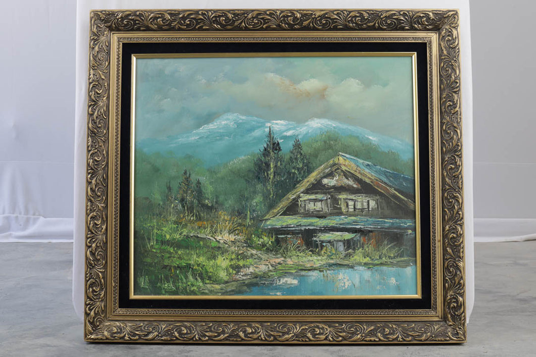 Cabin in Front of Mountains by R Matin - Oil on Canvas