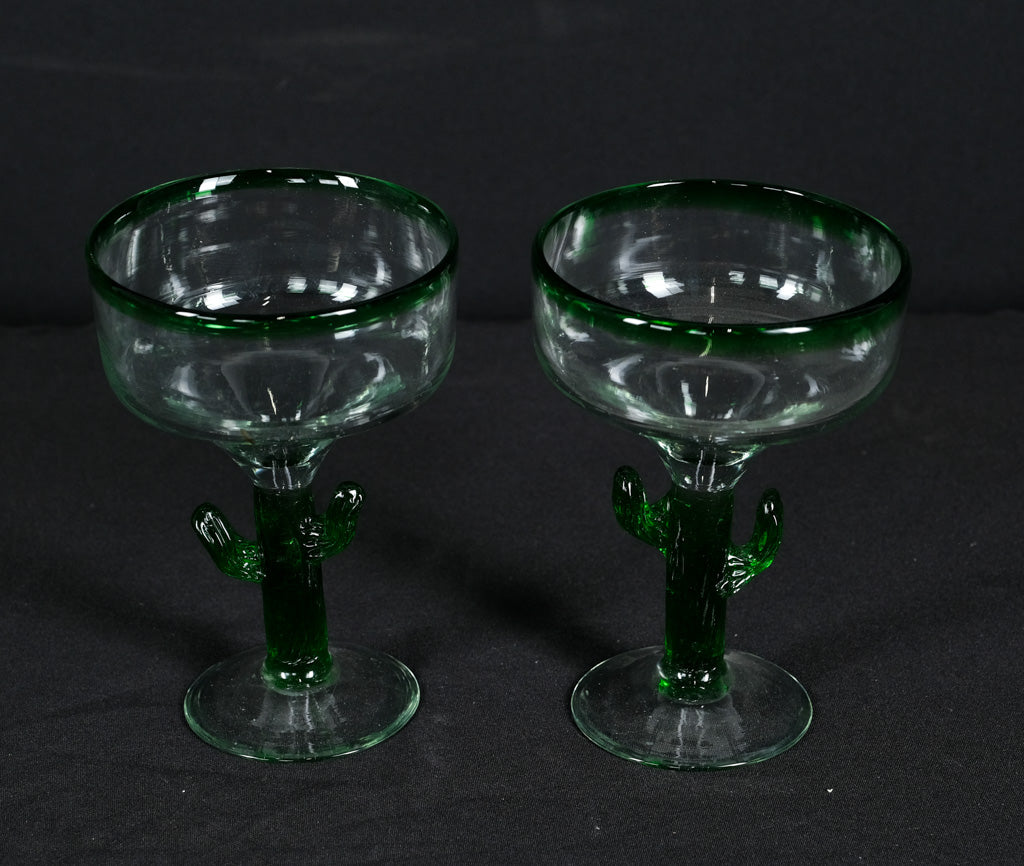Set of 2 Cactus Margarita Glasses – Green Stem Hand Blown Barware