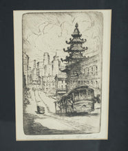 Load image into Gallery viewer, Framed Etching Chinatown Cable Car San Francisco Signed City Street Scene
