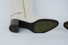 Load image into Gallery viewer, Calvin Klein Womens Cream Leather Knee High Boots Gold Chain Block Heel Size 8
