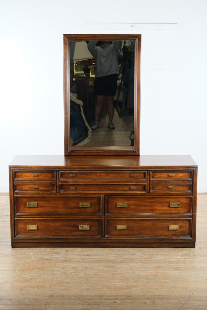 Mid-Century Campaign Style Dresser with Mirror by Huntley for Thomasville