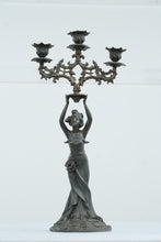 Load image into Gallery viewer, Antique Style Figural Metal Candelabra Woman Holding Three Light Candle Holder Art Nouveau
