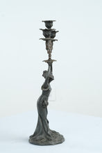 Load image into Gallery viewer, Antique Style Figural Metal Candelabra Woman Holding Three Light Candle Holder Art Nouveau
