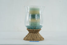 Load image into Gallery viewer, Coastal Woven Seagrass Hurricane Candle Holder Blue Glass 9 Inch
