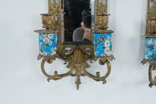 Load image into Gallery viewer, Pair Antique French Chinoiserie Brass Wall Sconces Mirrors Cloisonne Enamel
