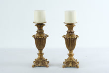 Load image into Gallery viewer, Pair Gold Tone Ornate Candle Holders Traditional Tabletop Pillar Candlesticks

