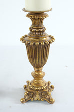 Load image into Gallery viewer, Pair Gold Tone Ornate Candle Holders Traditional Tabletop Pillar Candlesticks
