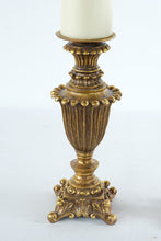 Load image into Gallery viewer, Pair Gold Tone Ornate Candle Holders Traditional Tabletop Pillar Candlesticks
