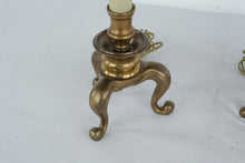 Load image into Gallery viewer, Pair Brass Candlestick Table Lamps With Curved Tripod Bases 32 Inch
