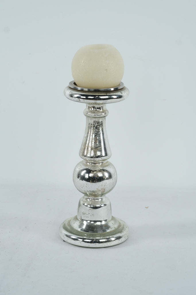 Tall Silver Mercury Glass Style Candlestick Holder with LED Candle