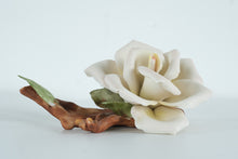 Load image into Gallery viewer, Capodimonte-Style Porcelain Rose Sculpture on Driftwood Branch – Handcrafted White Rose Art
