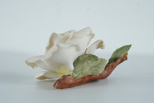 Load image into Gallery viewer, Capodimonte-Style Porcelain Rose Sculpture on Driftwood Branch – Handcrafted White Rose Art
