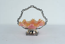 Load image into Gallery viewer, Antique Silver Brides Basket with Peach Pink Ribbed Glass Bowl
