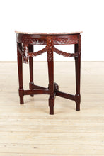Load image into Gallery viewer, Carved Mahogany Demi Lune Console Table with a Marble Top
