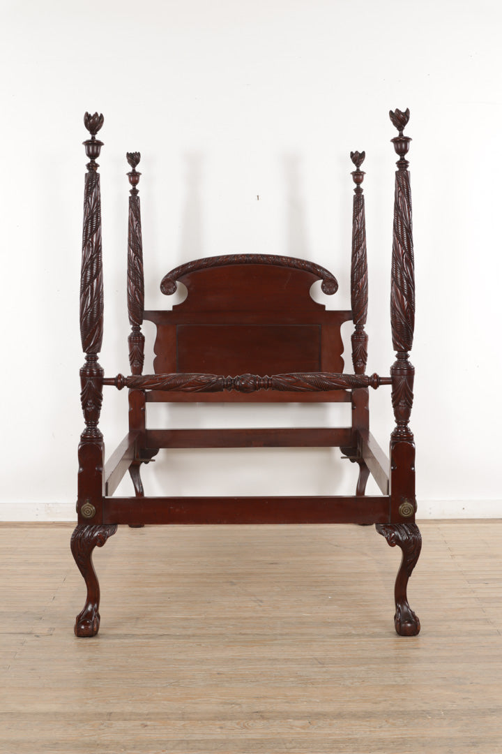 Unique Carved Mahogany Twin Size Poster Bed