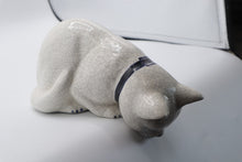 Load image into Gallery viewer, Signed Ceramic Shelf Sitter Cat Edge Figurine Blue White Crackle Glaze 9 Inch
