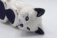 Load image into Gallery viewer, Signed Ceramic Shelf Sitter Cat Edge Figurine Blue White Crackle Glaze 9 Inch
